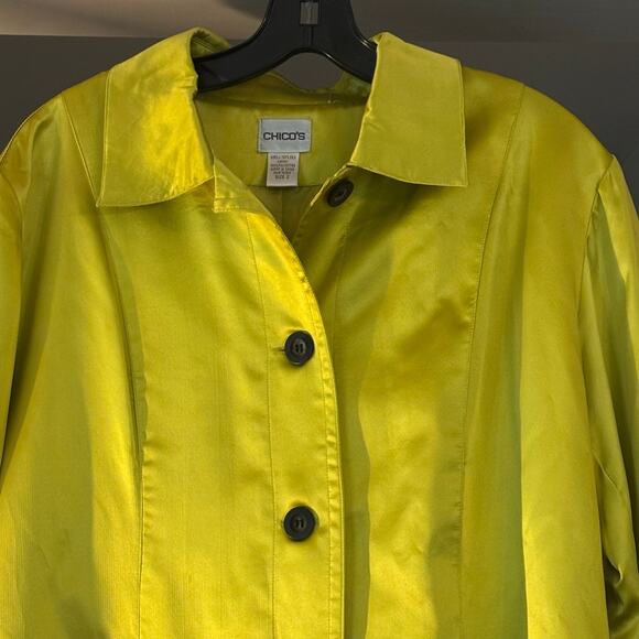 CHICOS 100% Silk Woman’s Jacket Coat Button Front Chartreuse Classic FLAW - Picture 13 of 13